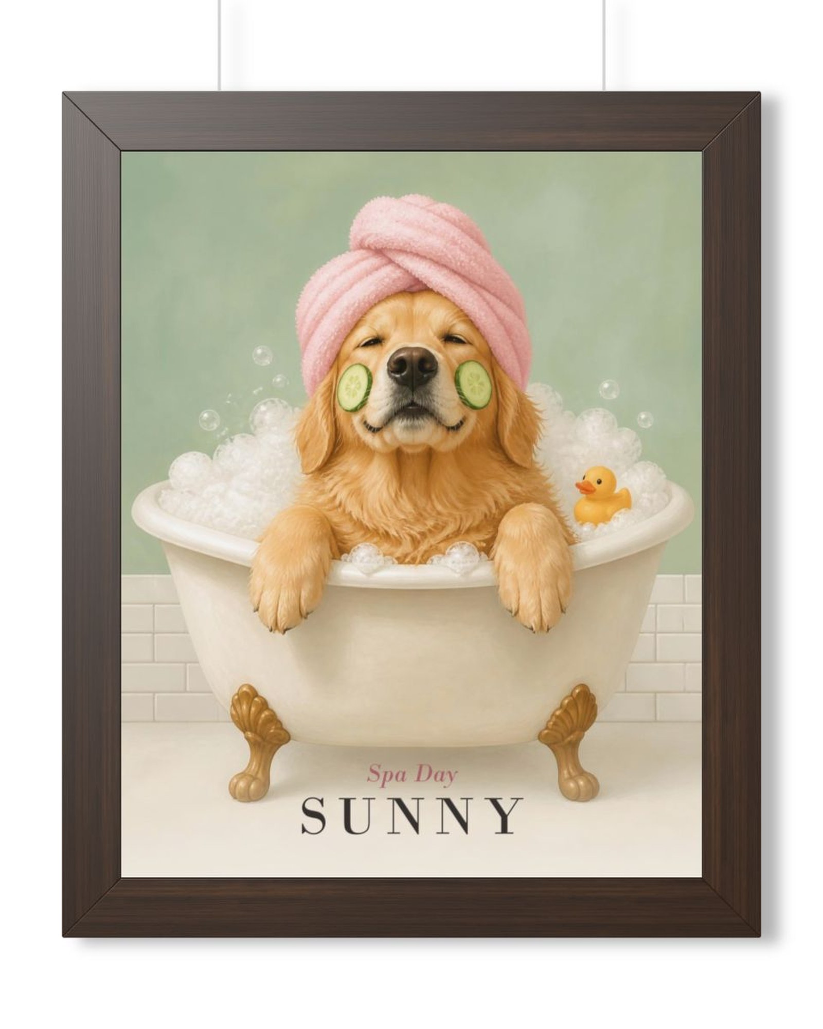 Walnut framed poster: a golden retriever in a clawfoot bubble bath with a pink towel turban and cucumber slices, Spa Day, Sunny