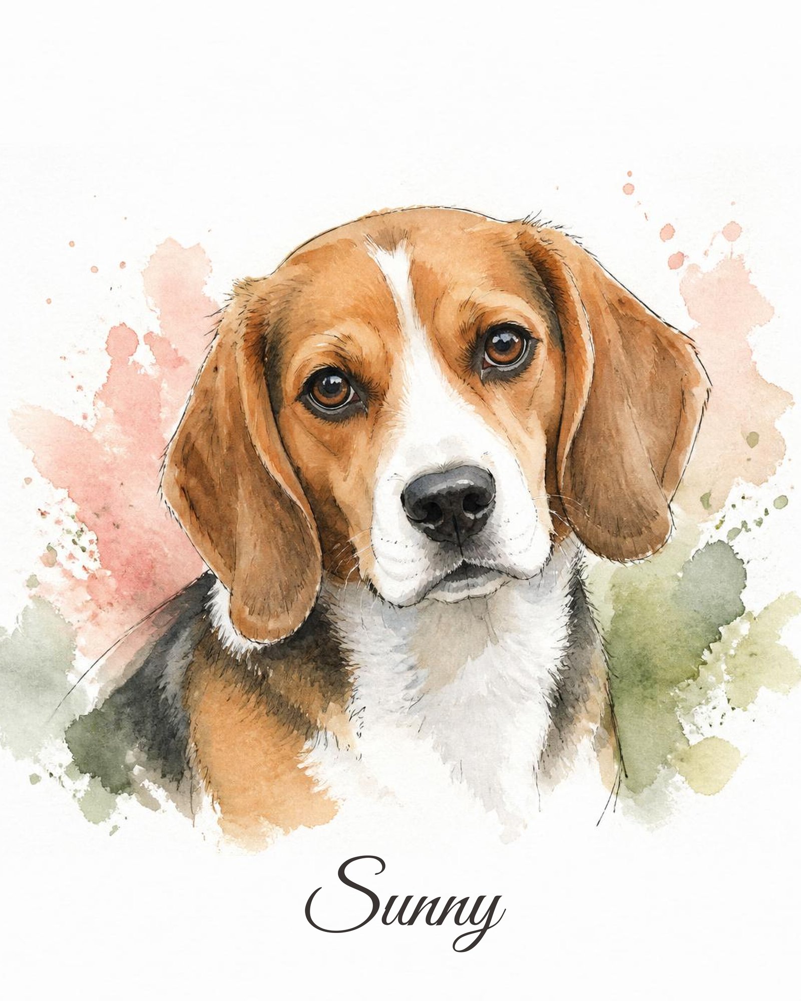 Digital watercolor portrait: a beagle painted in soft watercolor washes with blush and sage splashes on white paper, name in script