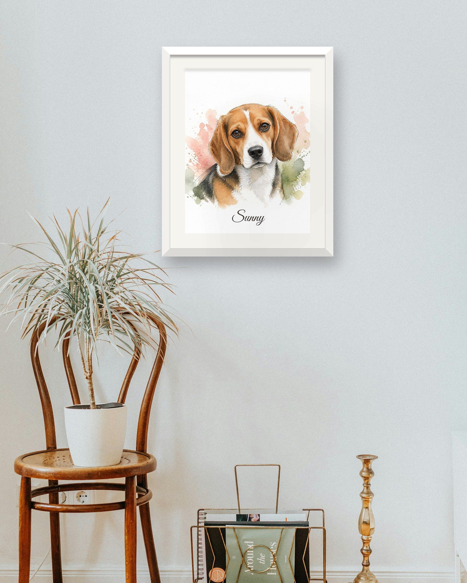 The printed portrait in a white frame above a bentwood chair with a plant (frame not included)