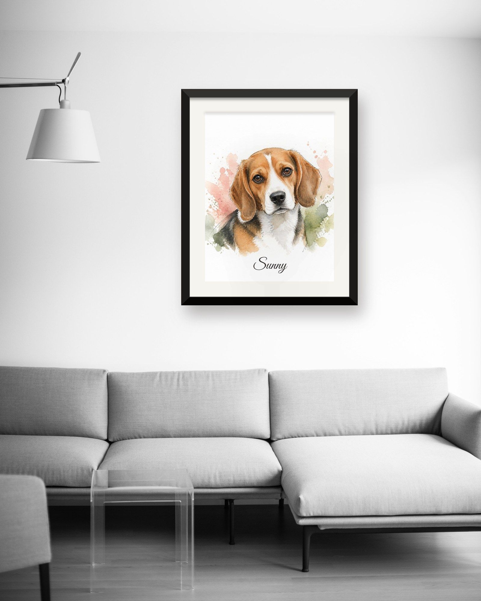 The printed portrait in a black frame above a light gray sofa (frame not included)