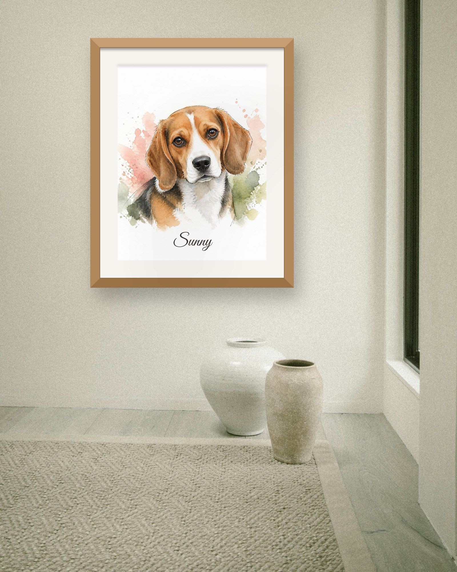 The printed portrait in an oak frame in a minimal room with stone vases (frame not included)