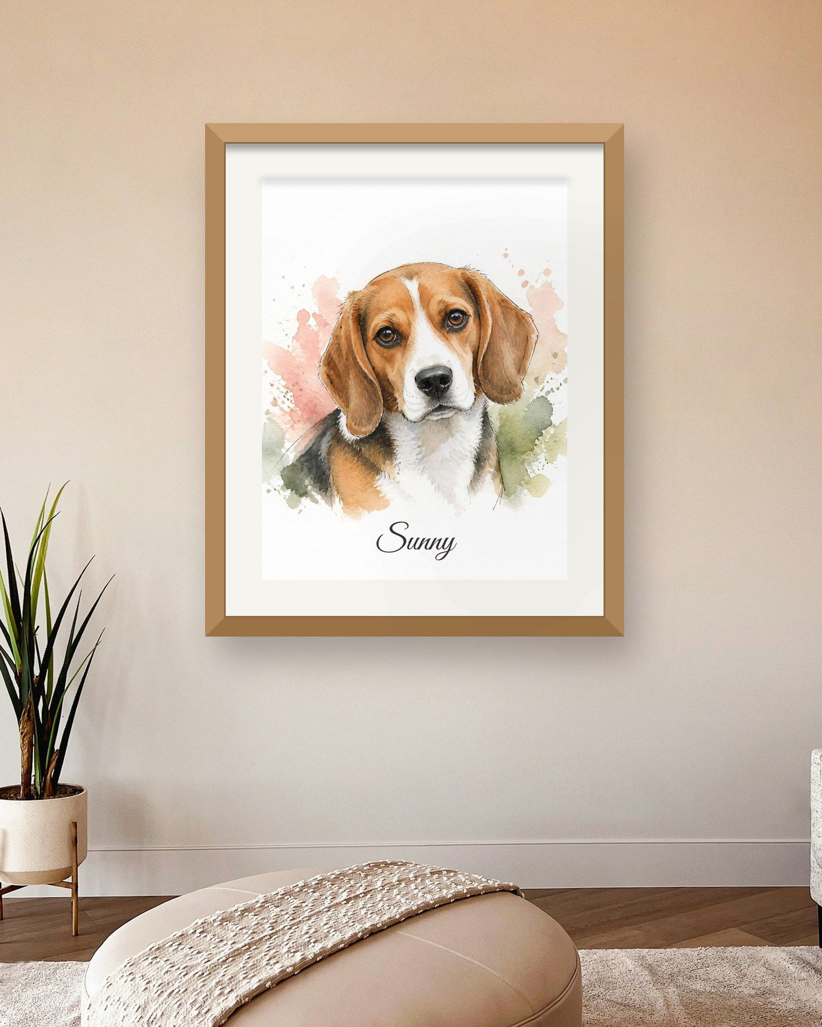 The printed portrait in an oak frame on a warm blush wall of a living room (frame not included)