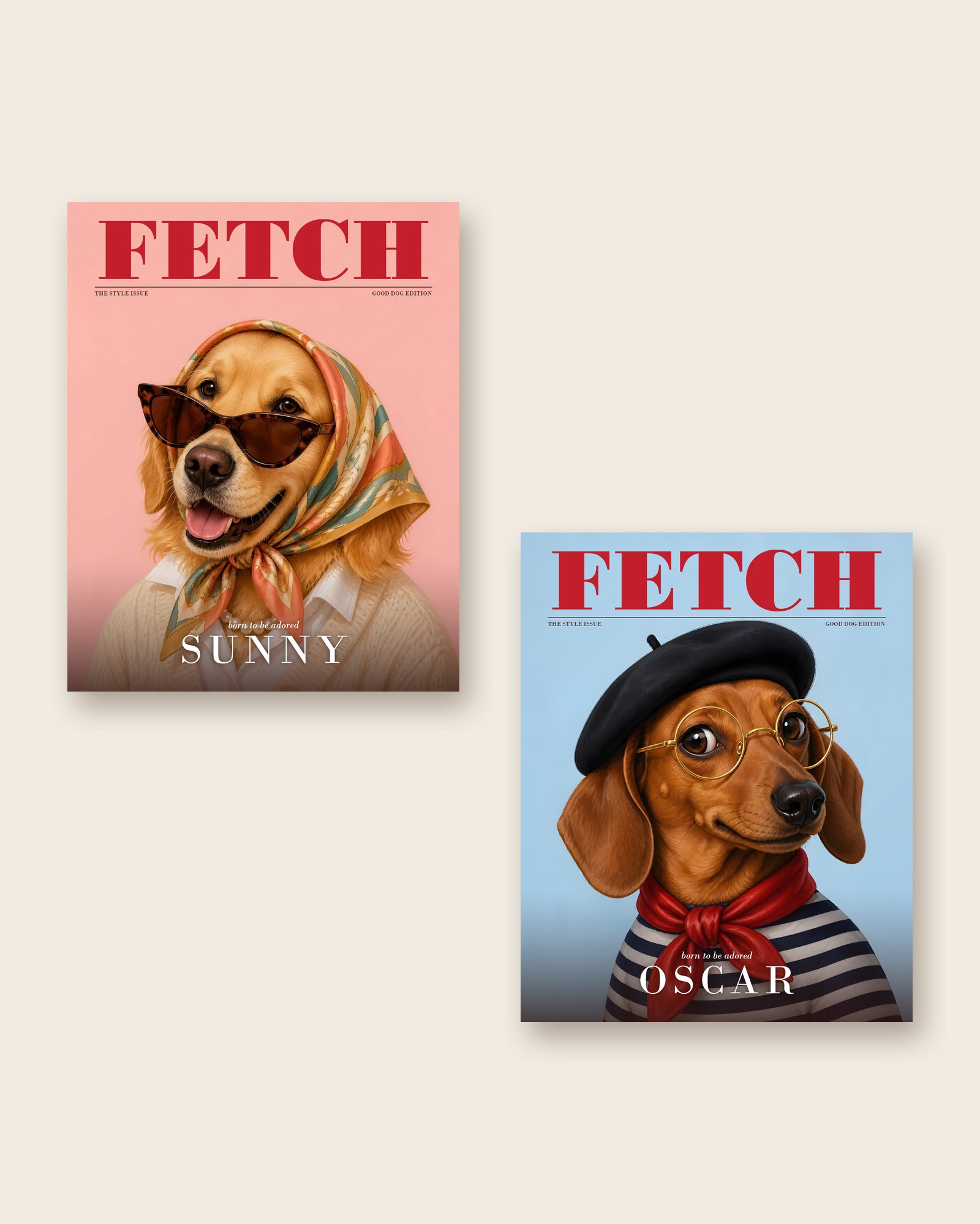 Two FETCH magazine covers side by side: a golden retriever named Sunny in a silk scarf and a dachshund named Oscar in a beret and striped top