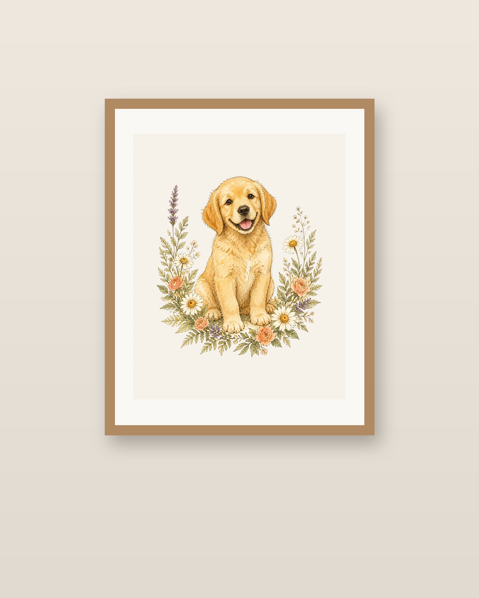 Golden retriever wildflower print in an oak frame on a beige wall