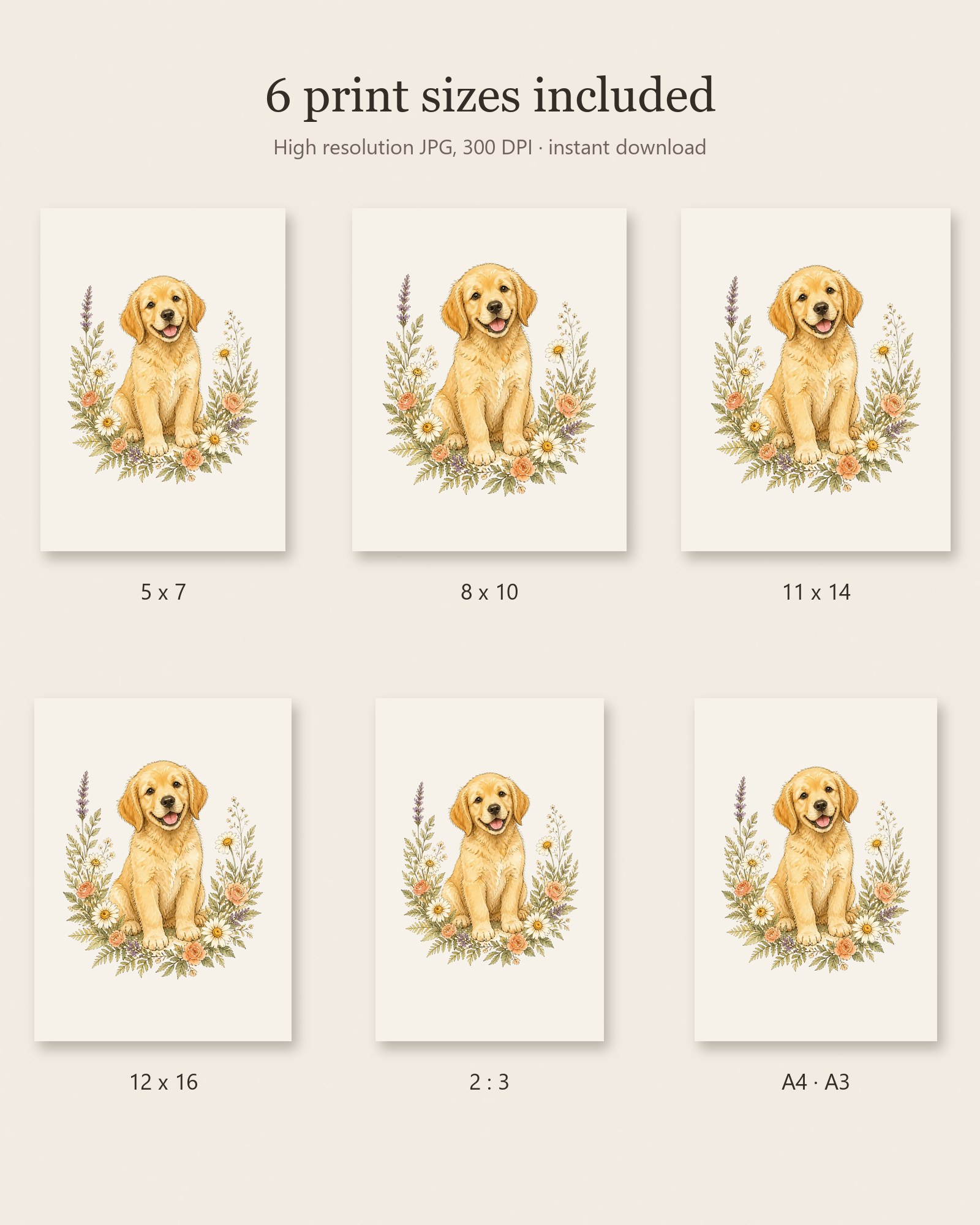 The six included print sizes side by side
