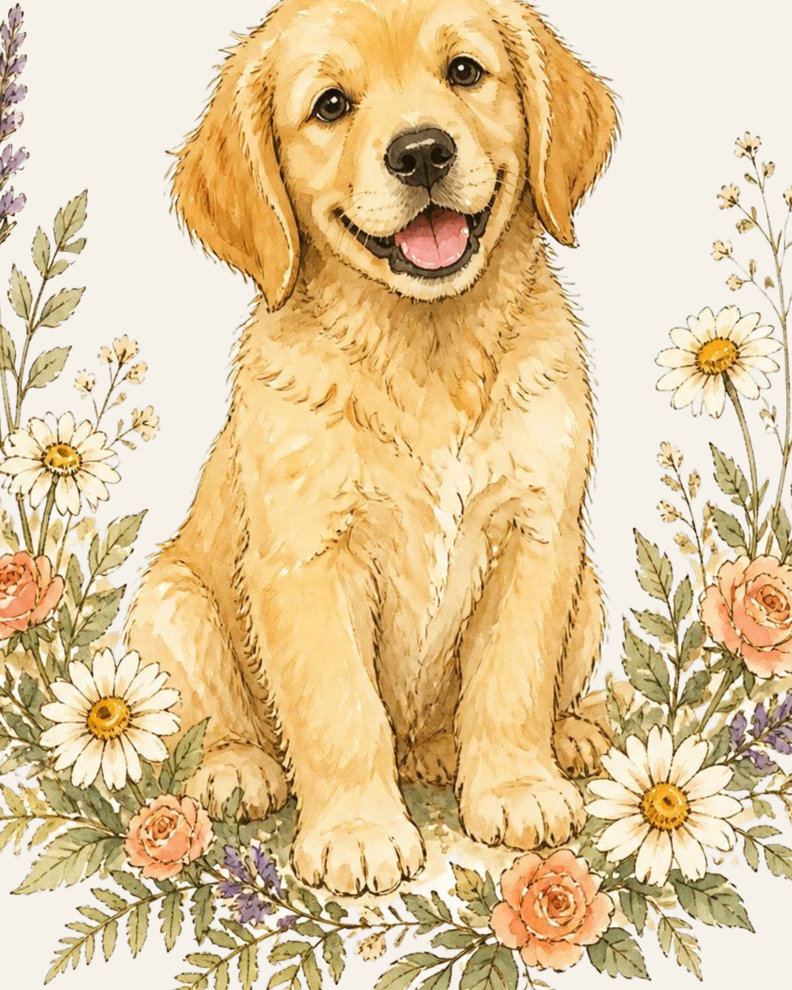 Close-up of the golden retriever puppy and daisies