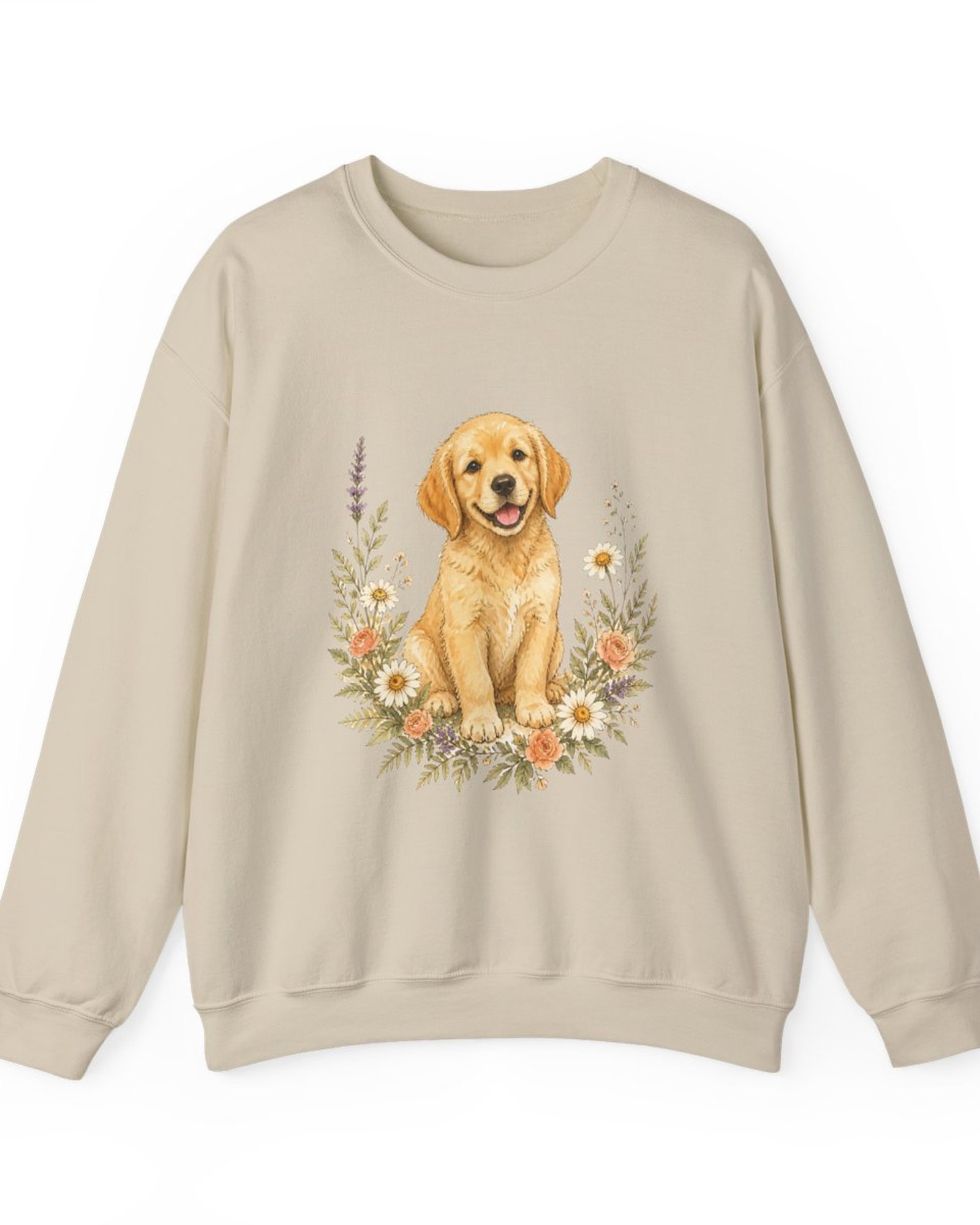 Golden Retriever Wildflower sweatshirt in sand with a watercolor puppy and wildflowers