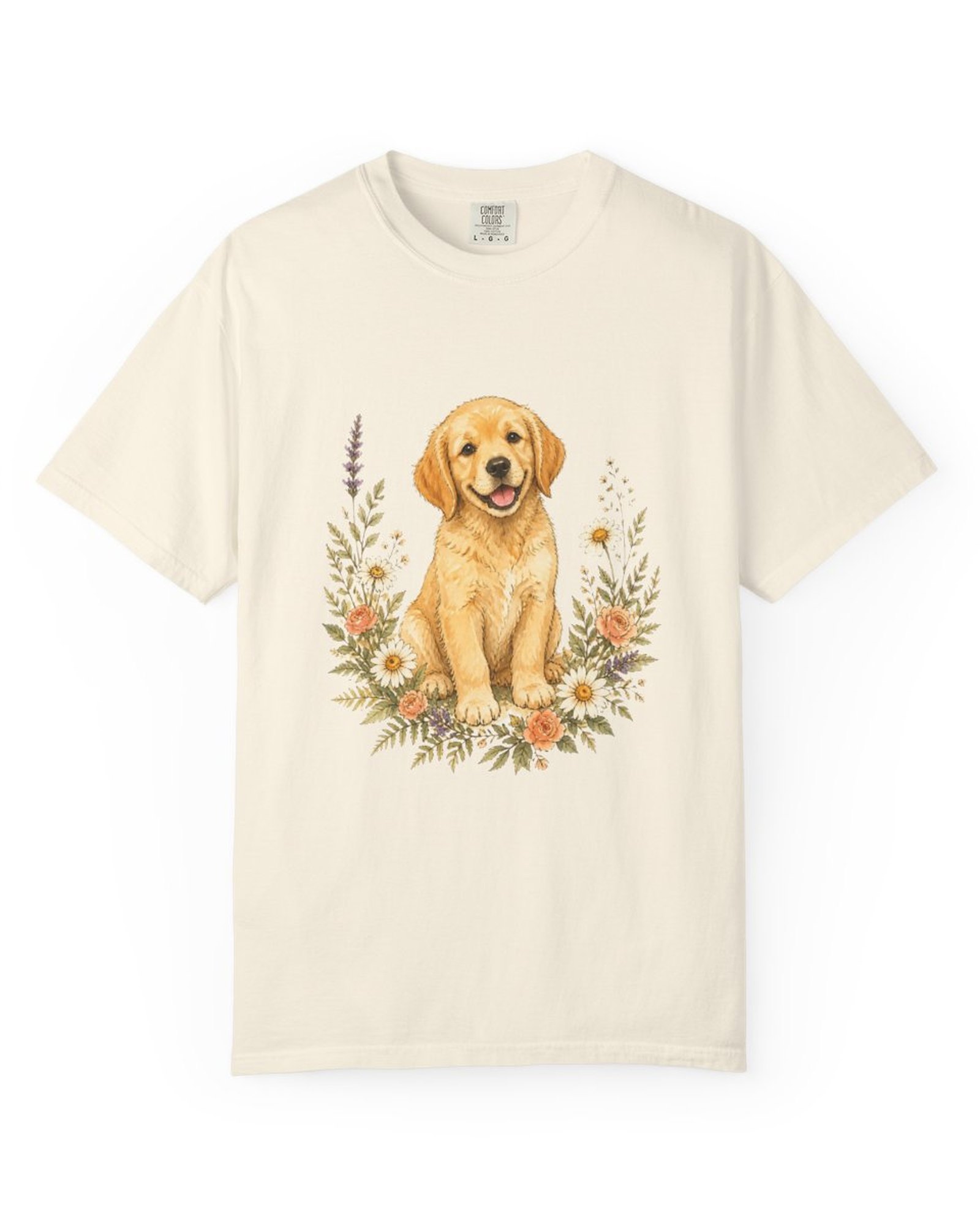 Golden Retriever Wildflower tee in ivory with a watercolor puppy and wildflowers