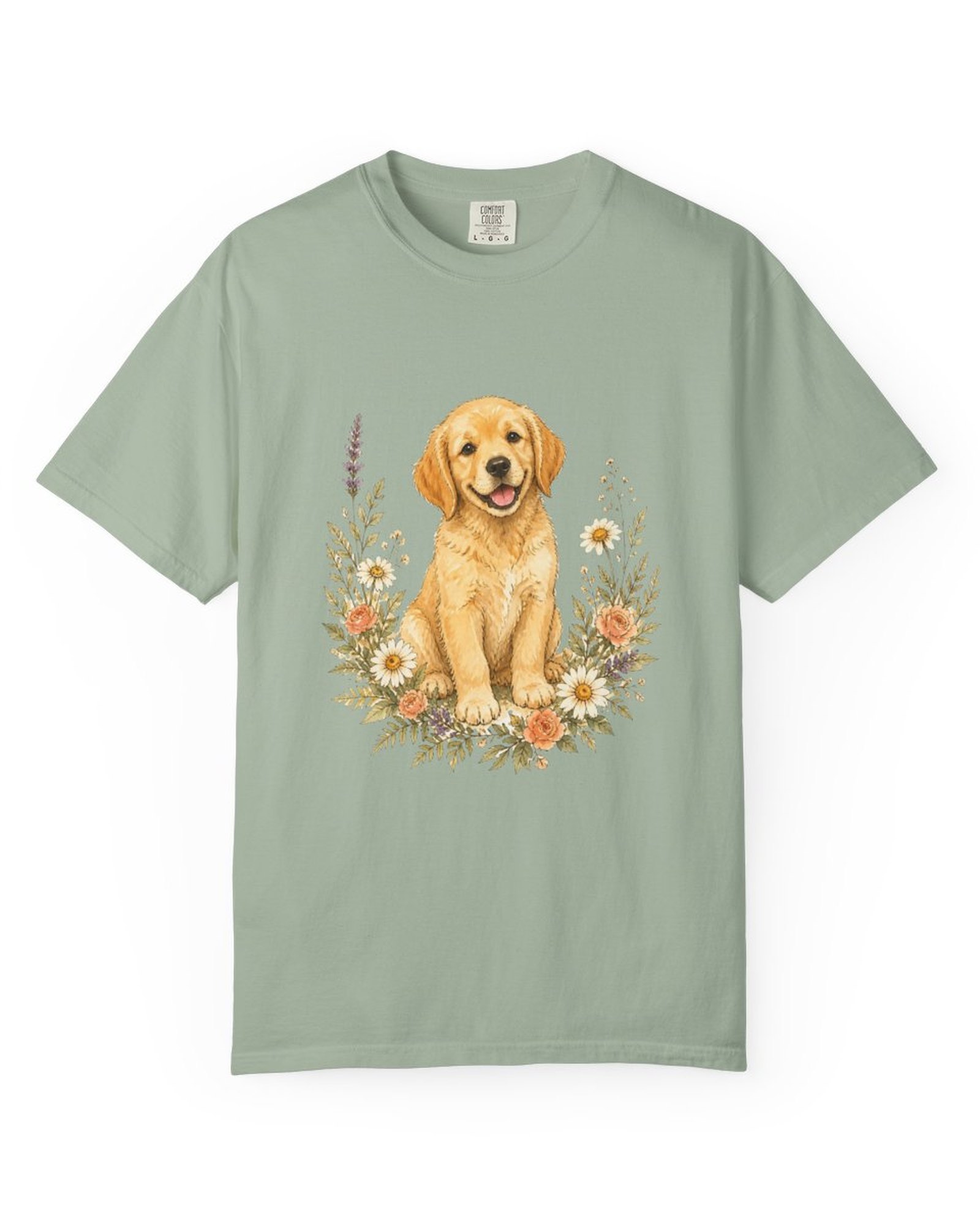 Golden Retriever Wildflower tee in bay sage green