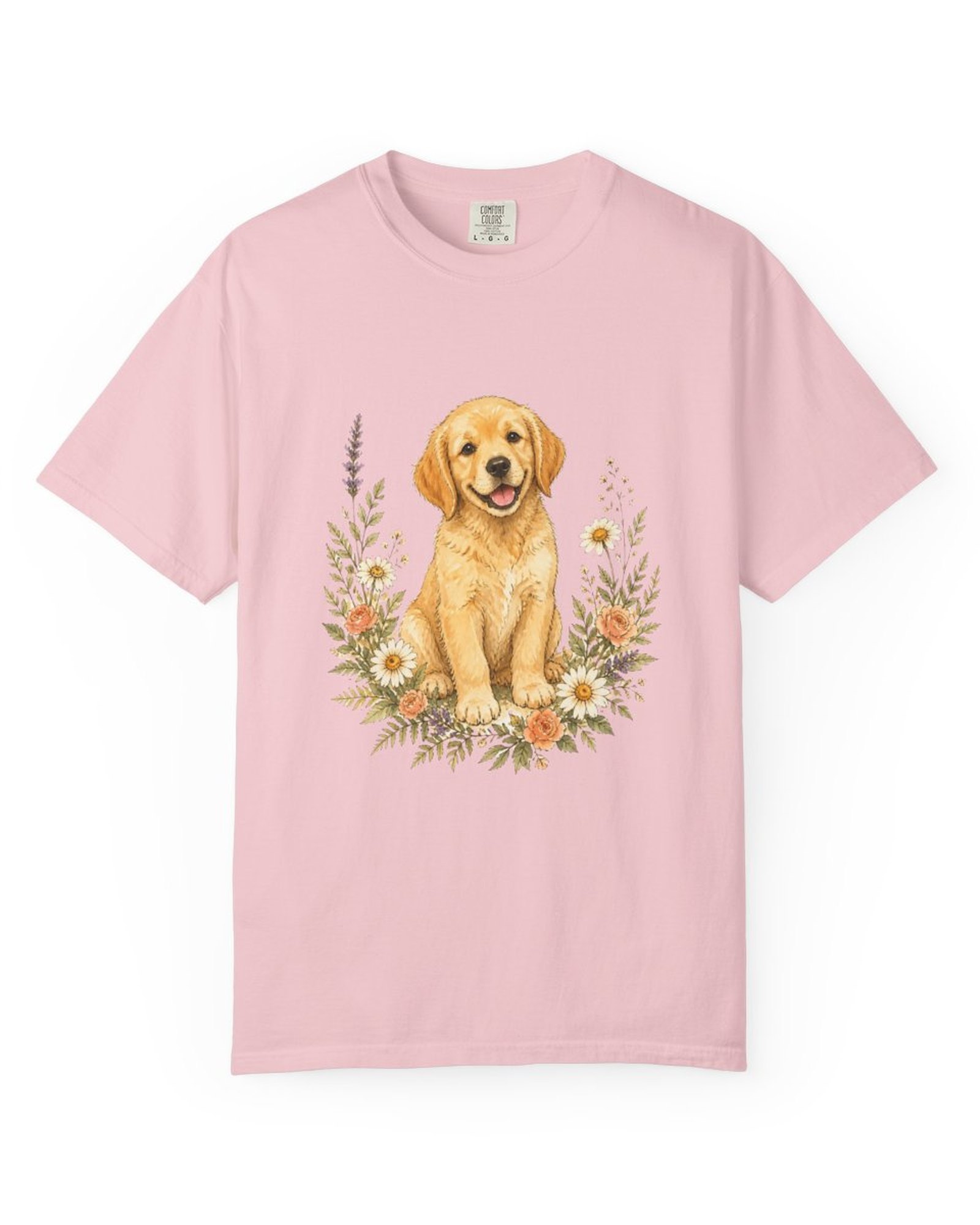 Golden Retriever Wildflower tee in blossom pink