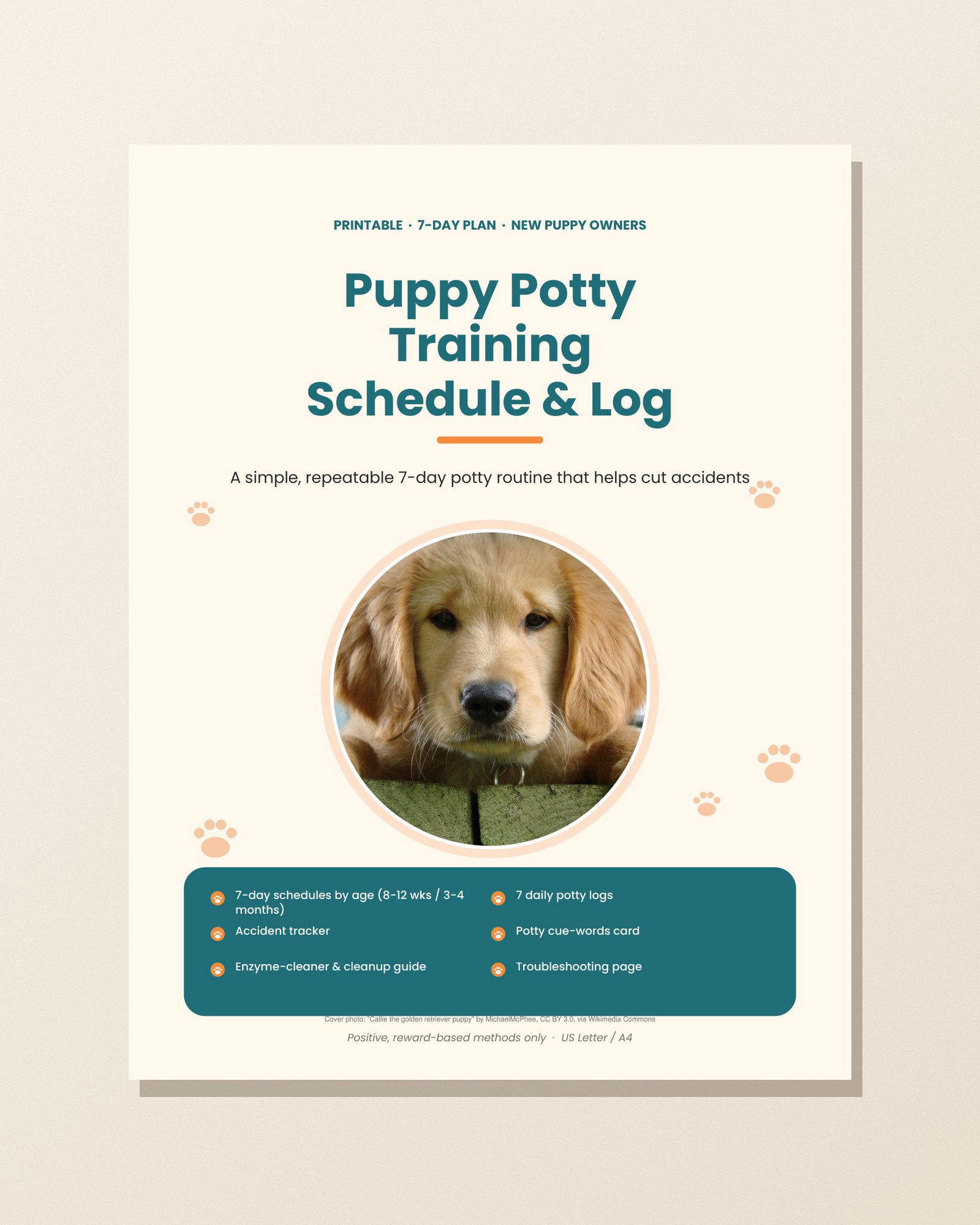 Cover of the Puppy Potty Training Schedule & Log with a golden retriever puppy photo
