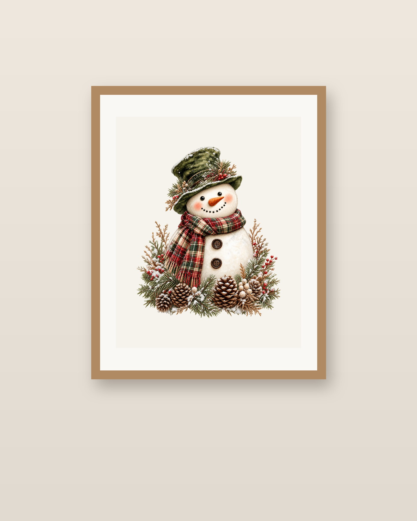 Vintage snowman print in an oak frame on a beige wall