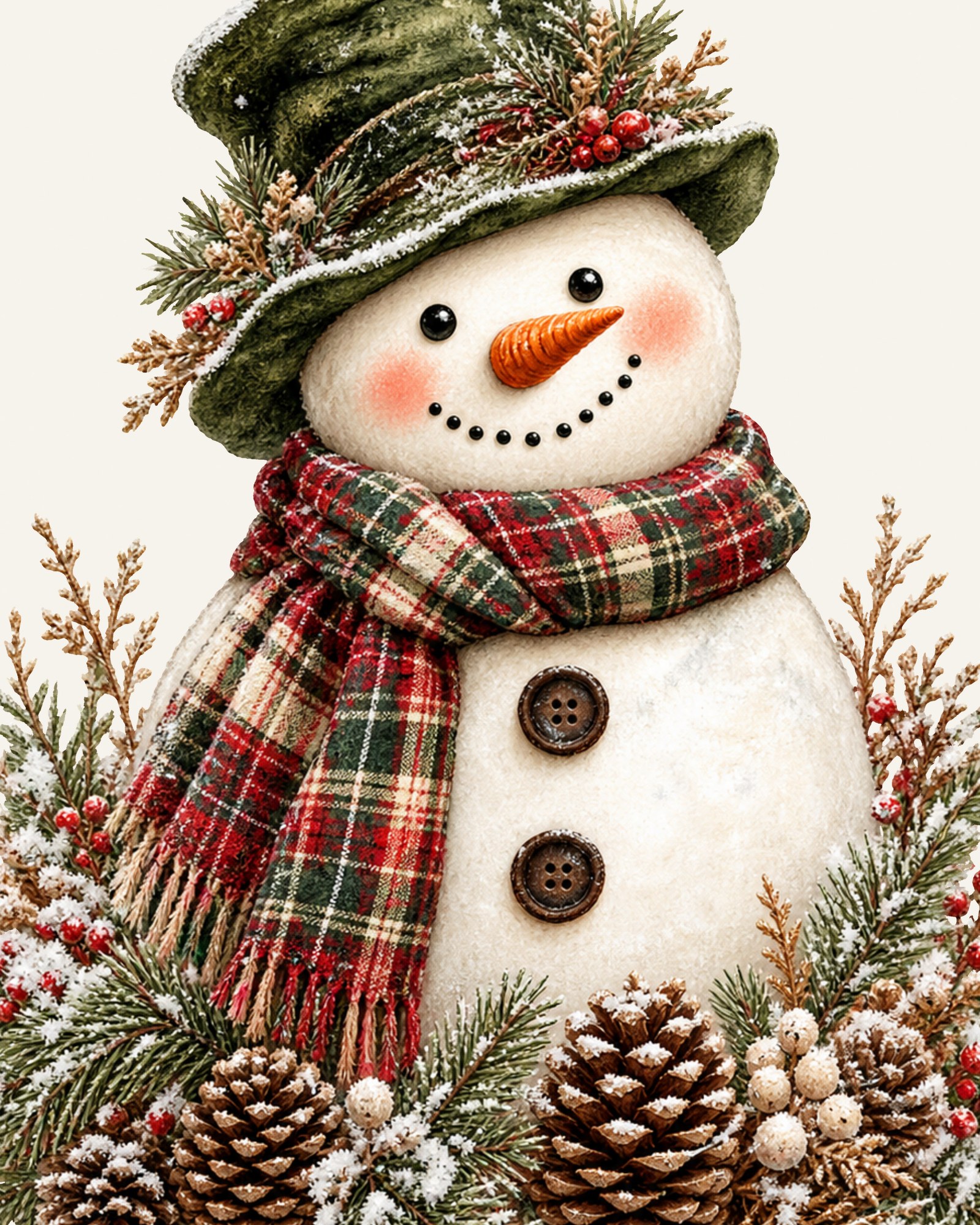 Close-up of the snowman's plaid scarf and top hat