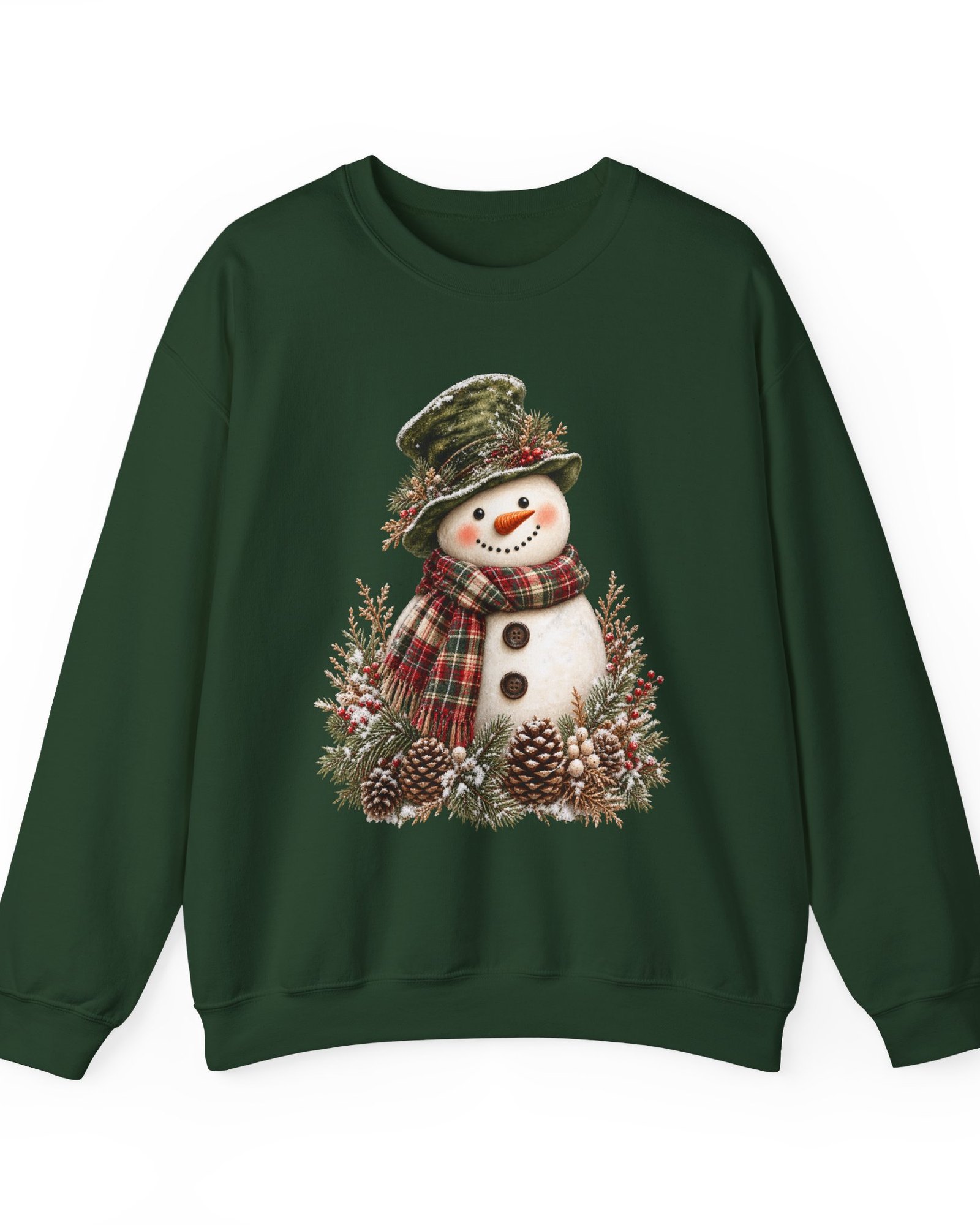 Vintage Snowman Christmas sweatshirt in forest green with a watercolor snowman