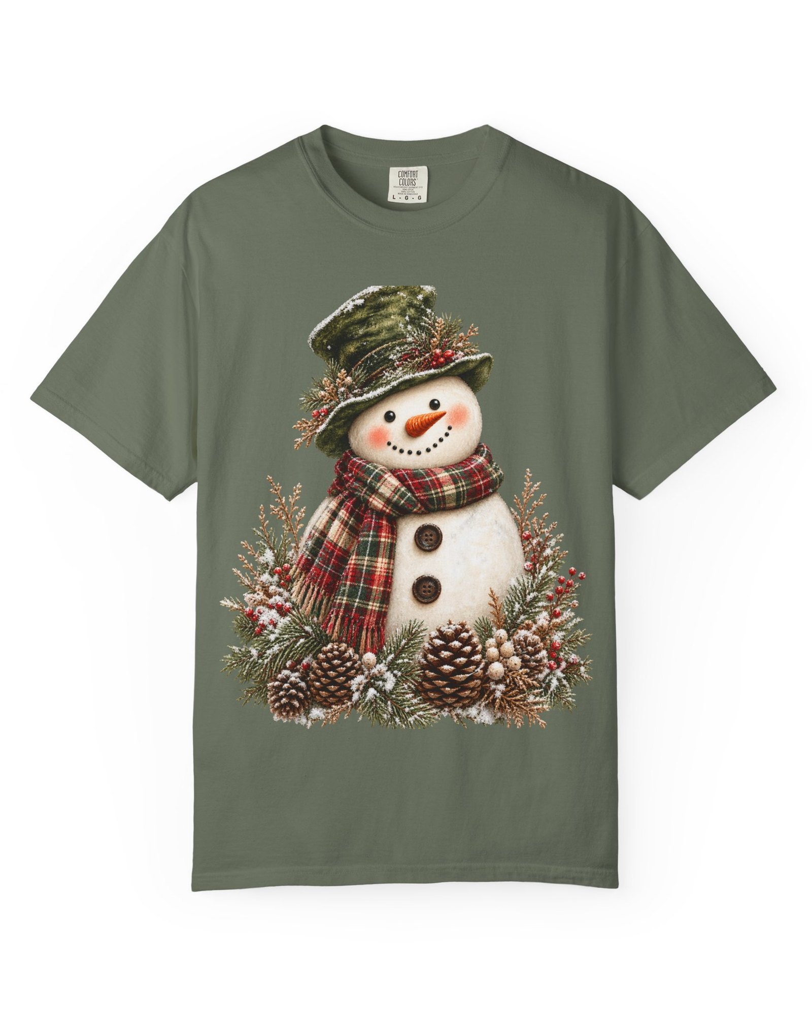 Vintage Snowman Christmas tee in moss green with a watercolor snowman