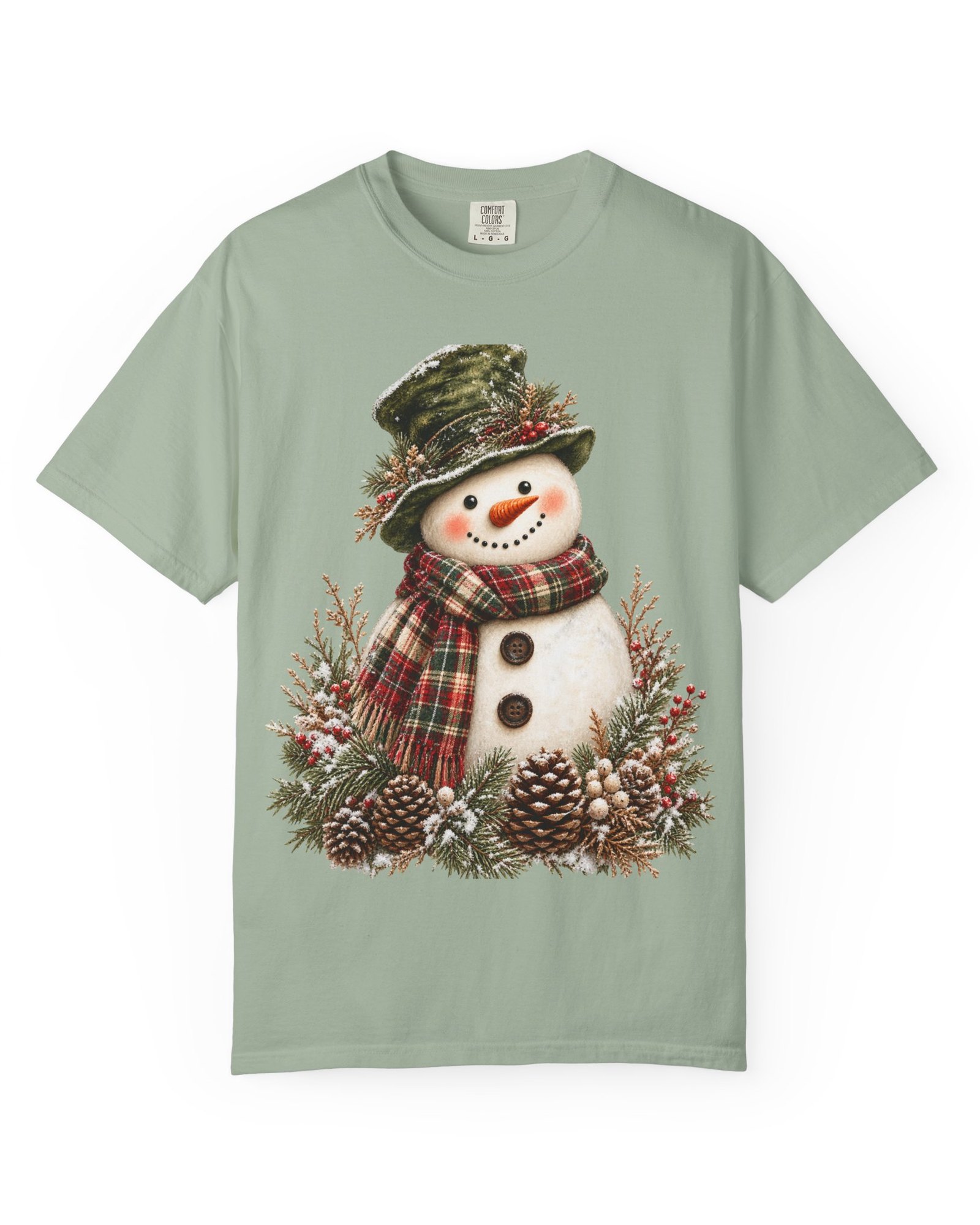 Vintage Snowman Christmas tee in bay sage green